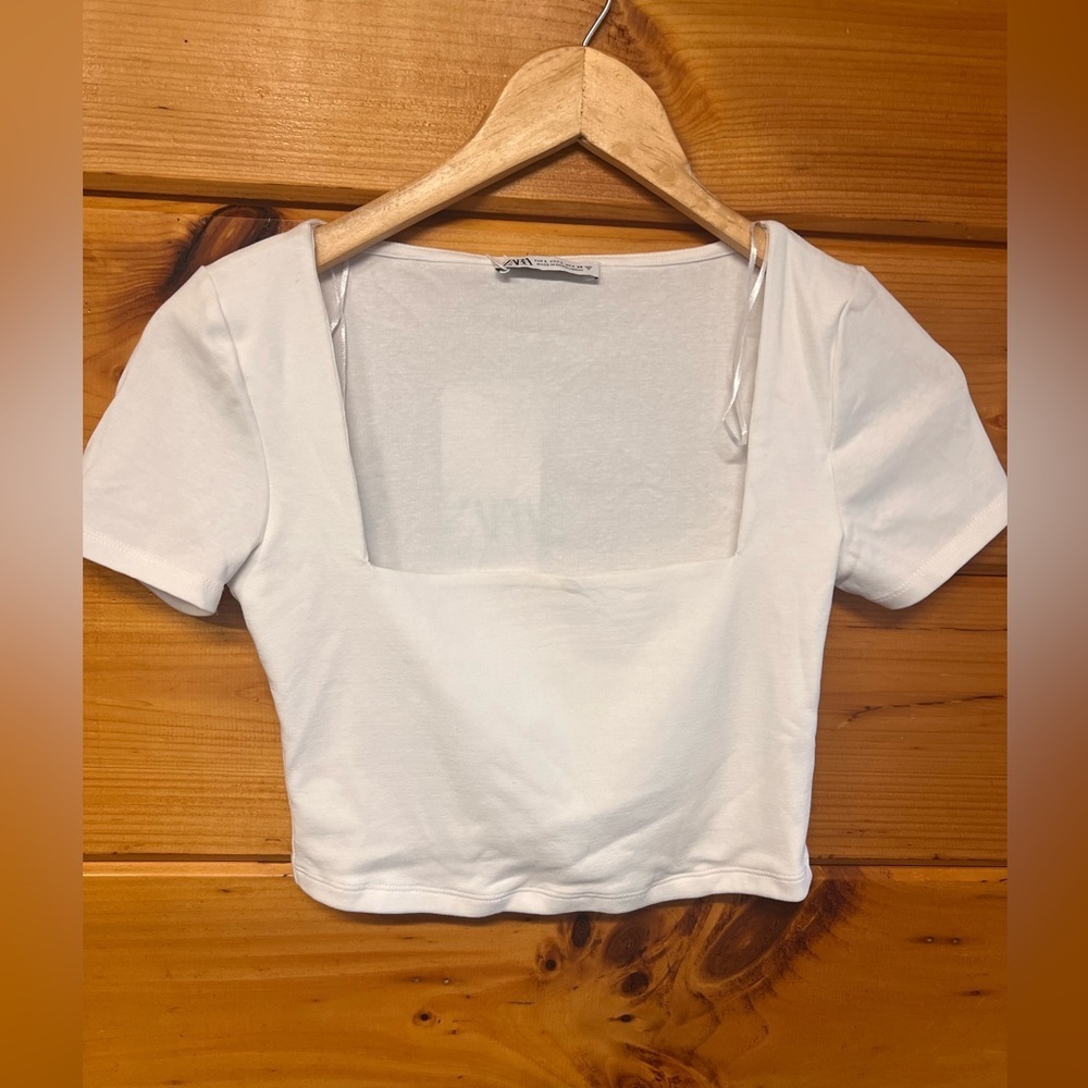 ZARA White Crop Cotton Blend Short Sleeve Tee Square Neck L